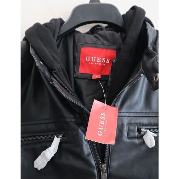 GUESS Men's Sz S Jet Black Faux-Leather Detachable-Hood Motorcycle Jacket - Picture 3 of 13